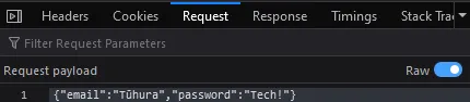 Juice Shop login request payload where the email is Tūhura and the password is Tech!